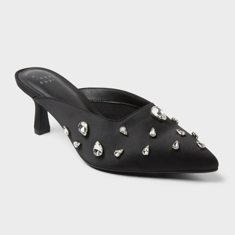 A New Day Womens Black Satin Rhinestone Mules Pointed Toe Kitten Heel Size 10NEW